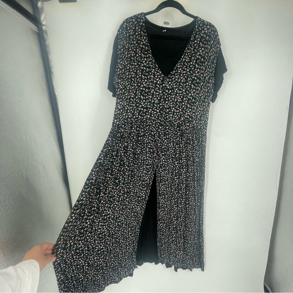 Vintage 90s American Angel Floral Shirt Dress Ditsy Floral Medium Black Midi - Picture 1 of 7